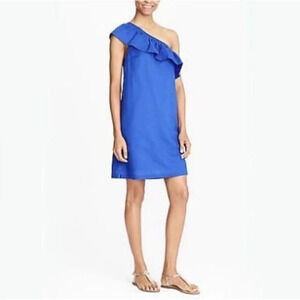 J. Crew Women's Blue Linen Dress Small One Shoulder Ruffle Short
